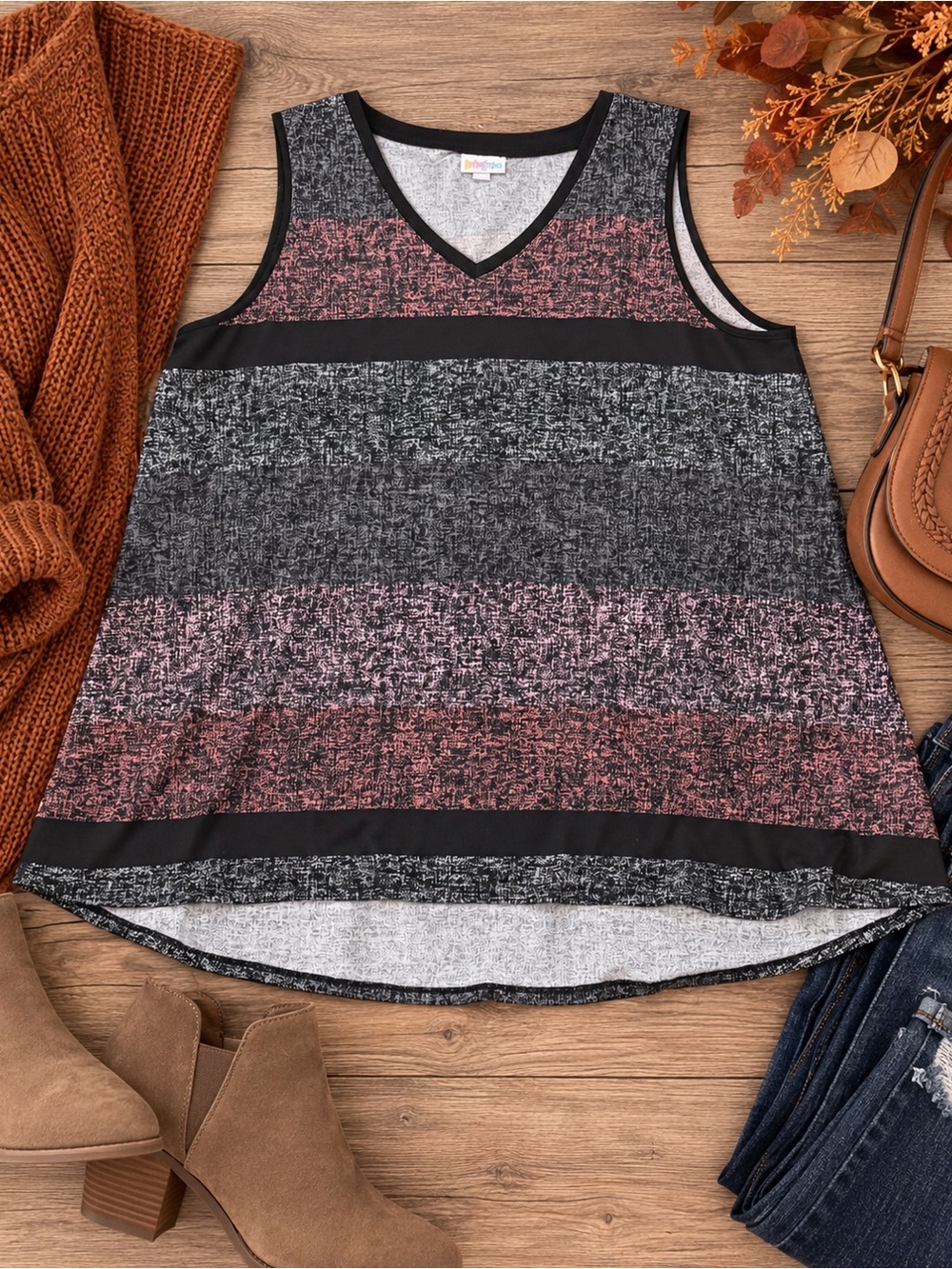 LuLaRoe Perfect Tank 2XL Black Dusty Pink Colorblock V Neck High Low Plus Size